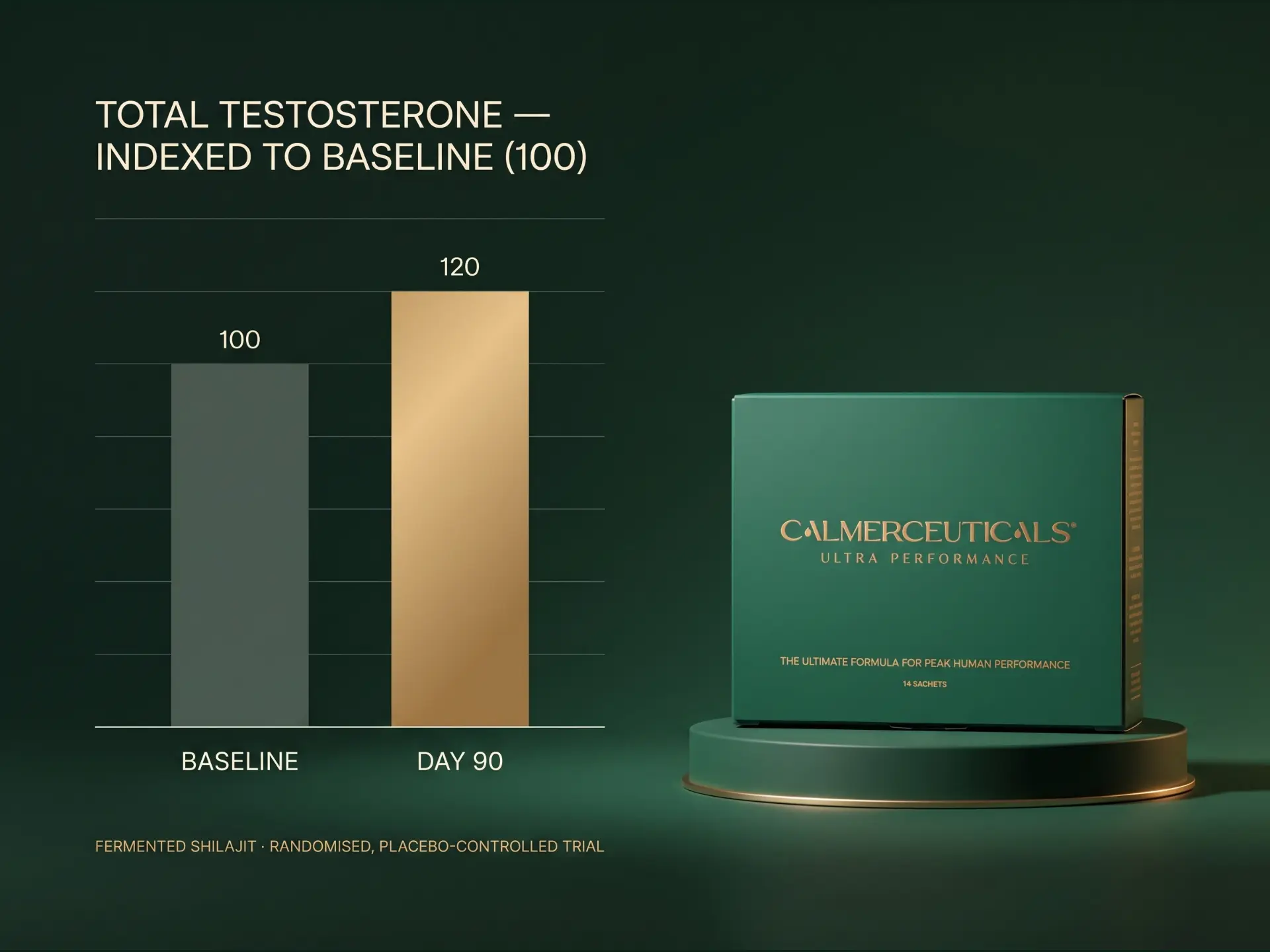 Total testosterone indexed to baseline — Fermented Shilajit randomised, placebo-controlled trial showing a rise from 100 at baseline to 120 by day 90